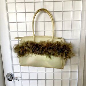 Plastic Lime Green Handbag with Zipper Closure and Olive Green Feather Trim